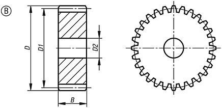 Alın dişli çarklar, çelik, modül 1,5, frezelenmiş dişli tertibatı, düz dişli, kavrama açısı 20°, Form B, göbeksiz