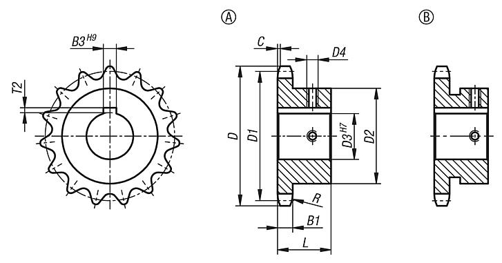 Zincir çarkları, tekli, 1/2" x 5/16" DIN ISO 606, montaj için hazır