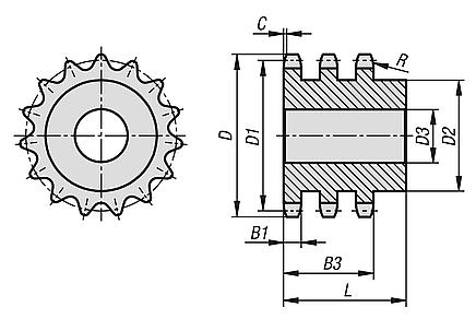 Zincir çarkları, üçlü, 1" x 17,02 mm DIN ISO 606