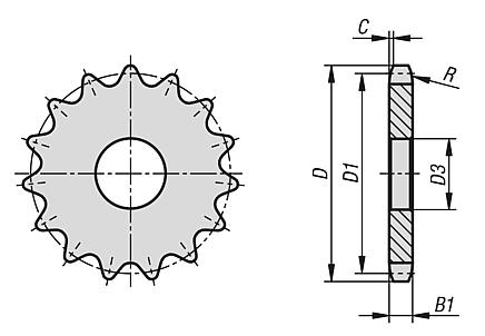 Zincir çarkı kasnakları, tekli, 3/4" x 7/16" DIN ISO 606