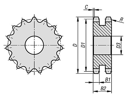 Zincir çarkı kasnakları, ikili, 1" x 17,02 mm DIN ISO 606