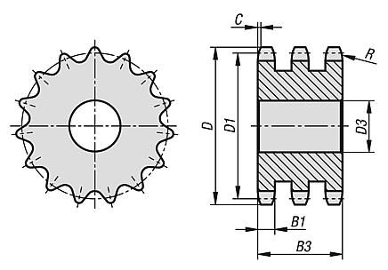 Zincir çarkı kasnakları, üçlü, 1/2" x 5/16" DIN ISO 606