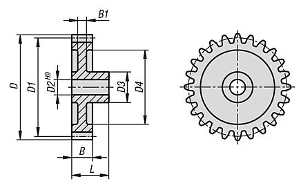Spur gears, plastic, module 2 injection moulded, straight teeth, engagement angle 20°