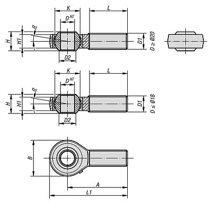 Rod ends with plain bearing external thread, steel, DIN ISO 12240-1 can be re-lubricated