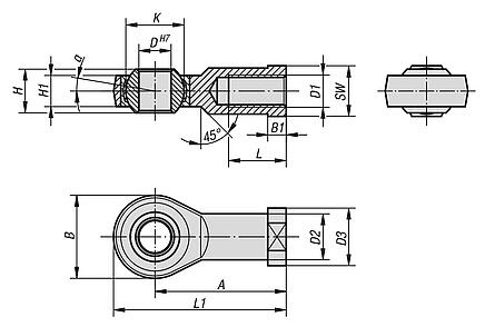 Rod ends with plain bearing internal thread, stainless steel, DIN ISO 12240-1 maintenance-free