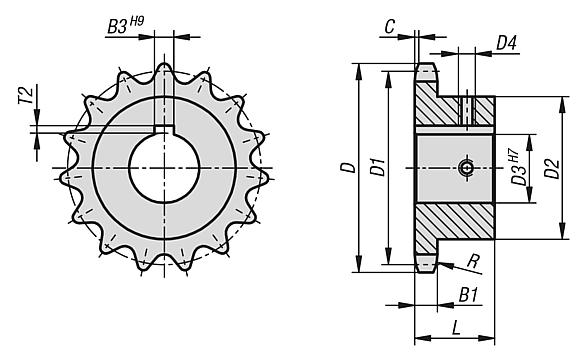 Zincir çarkları, tekli, 3/4" x 7/16" DIN ISO 606, montaj için hazır