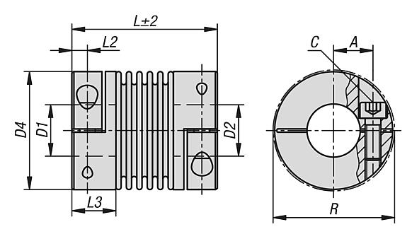 Metal bellows couplings with clamp hubs, stainless steel