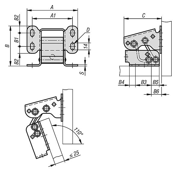Hinges steel internal, opening angle 110°