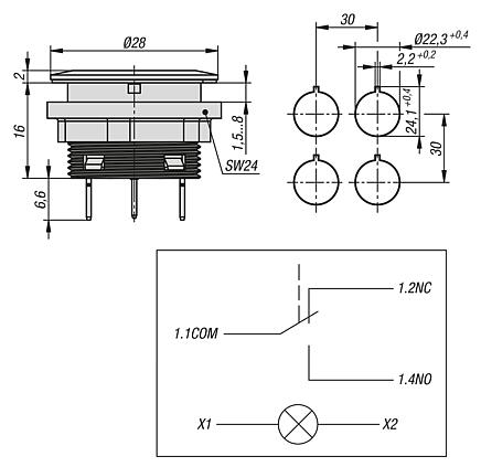 Press button, illuminated, tactile installation version, Ø 22.3 mm 
flat tab connection, compact