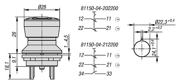 Emergency stop button, fitted version Ø 22.3 mm flat pin connector