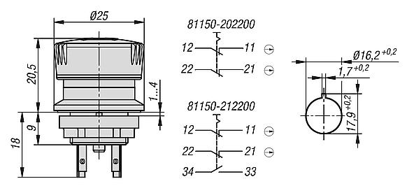 Emergency stop button, fitted version Ø 16.2 mm flat pin connector