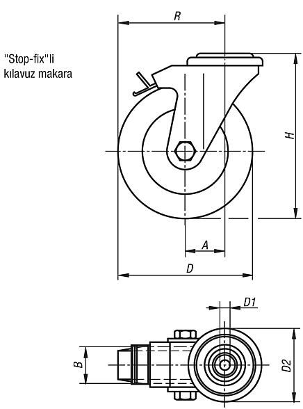 Arka delikli, stop-fixli, yumuşak kauçuk lastikli kılavuz makaralar